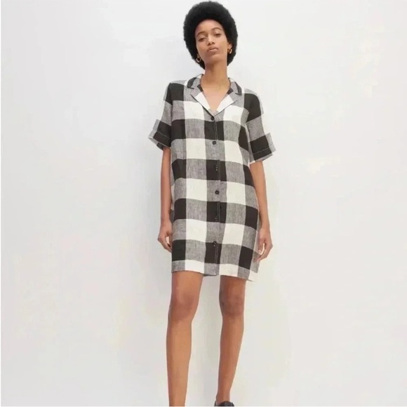 Everlane The Linen Shirt Dress Button Front Checkered Black White Knee Length XL - Picture 2 of 12